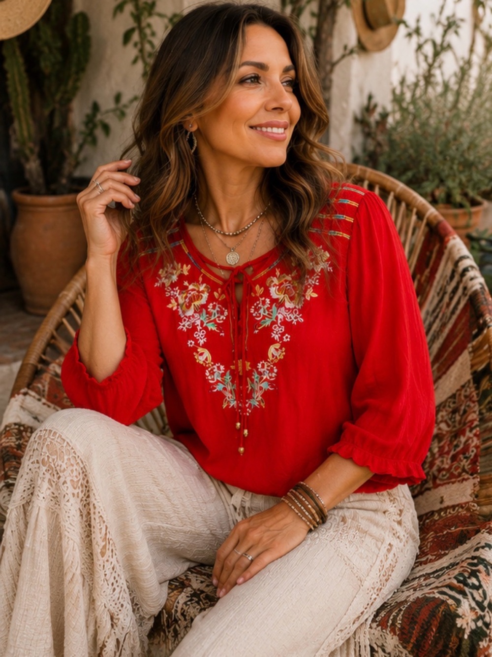 Vibrant Red Embroidered Blouse‎ by Luna Moon Medium